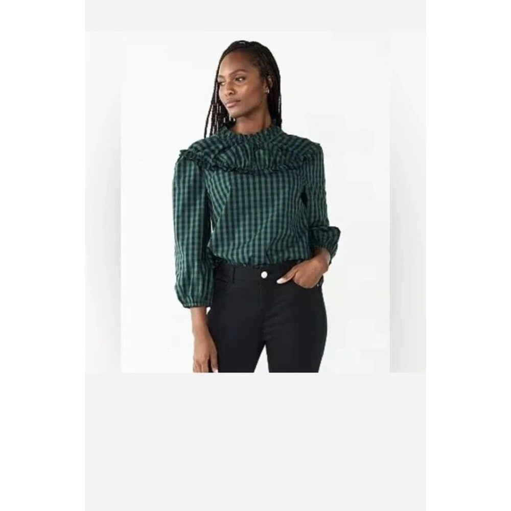 Women's Draper James Plaid/Gingham Ruffle-Neck Top in green and black, size XL